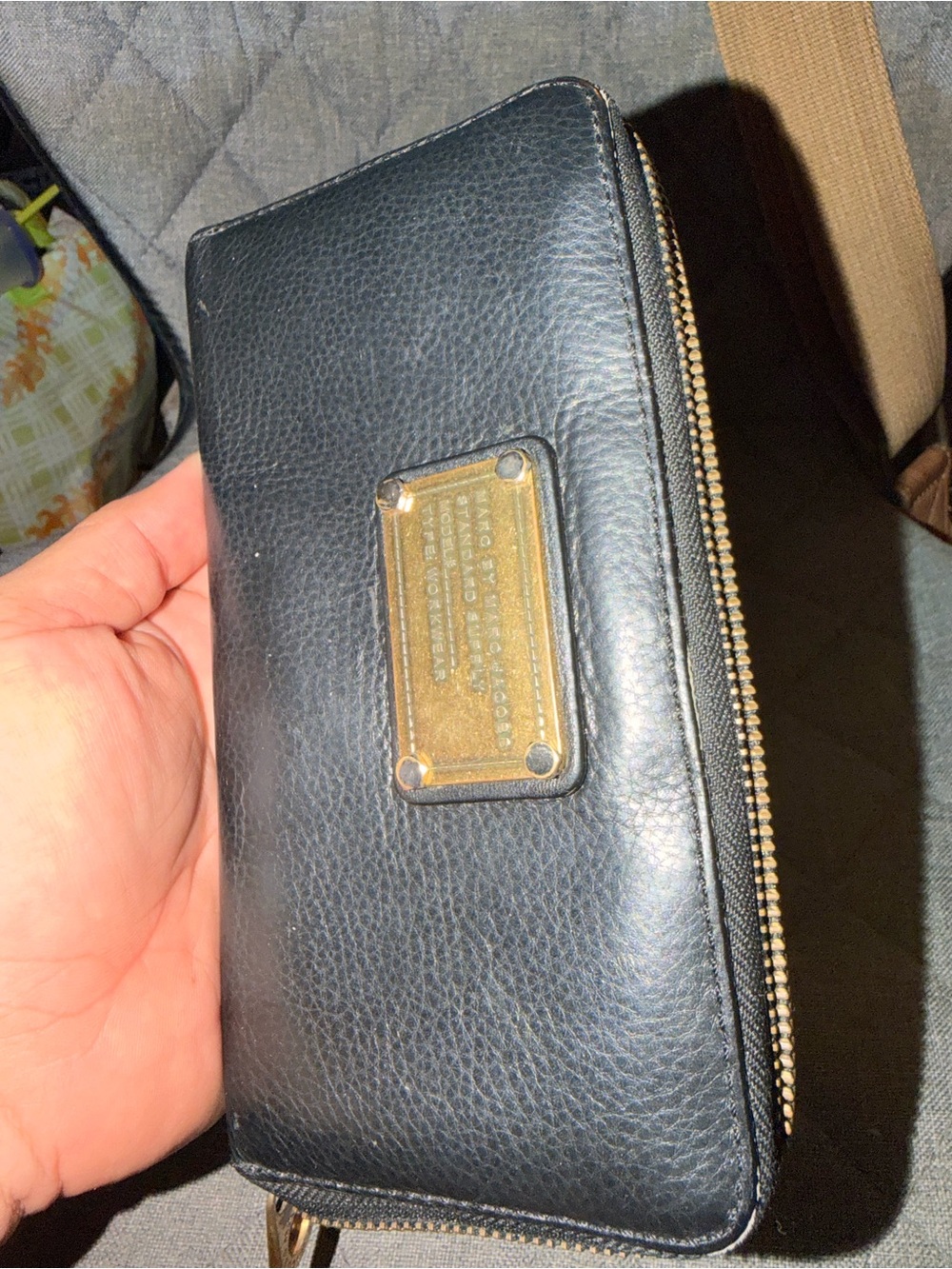 Marc by Marc Jacobs Black Pebbled Leather Zip Wallet with Gold Plaque